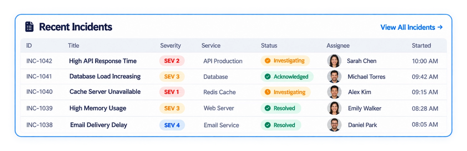 Recent incidents dashboard preview